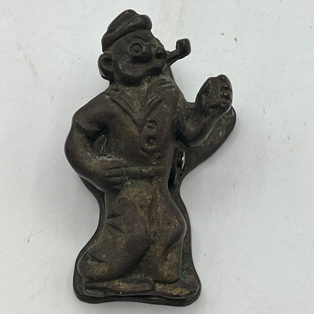 Vintage Popeye the Sailor Man Cast Metal Spring Loaded Utility Clip Patina 3.5"
